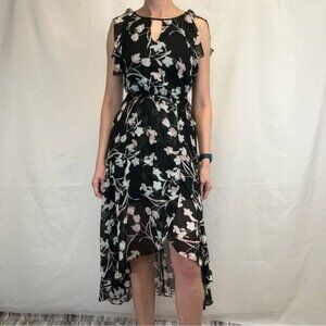 White House Black Market Women Wrap Hi Low Sheer Floral Dress 0 Black Cream Pink